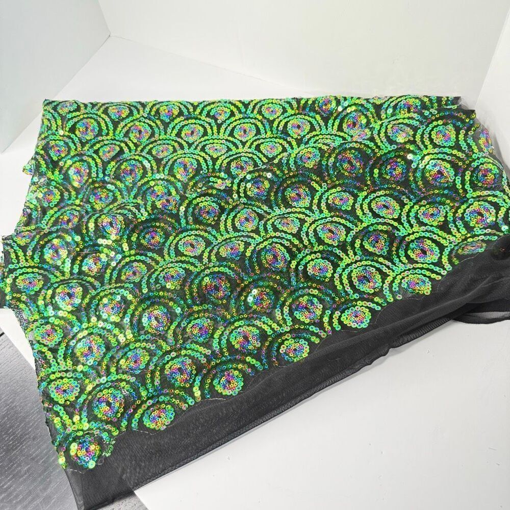 Iridescent Sequin Fabric Green Rainbow Mermaid Scale Pattern 30” x 17” Mesh Back